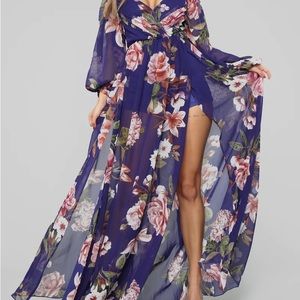Purple floral, off shoulder wide sleeve romper/dress.